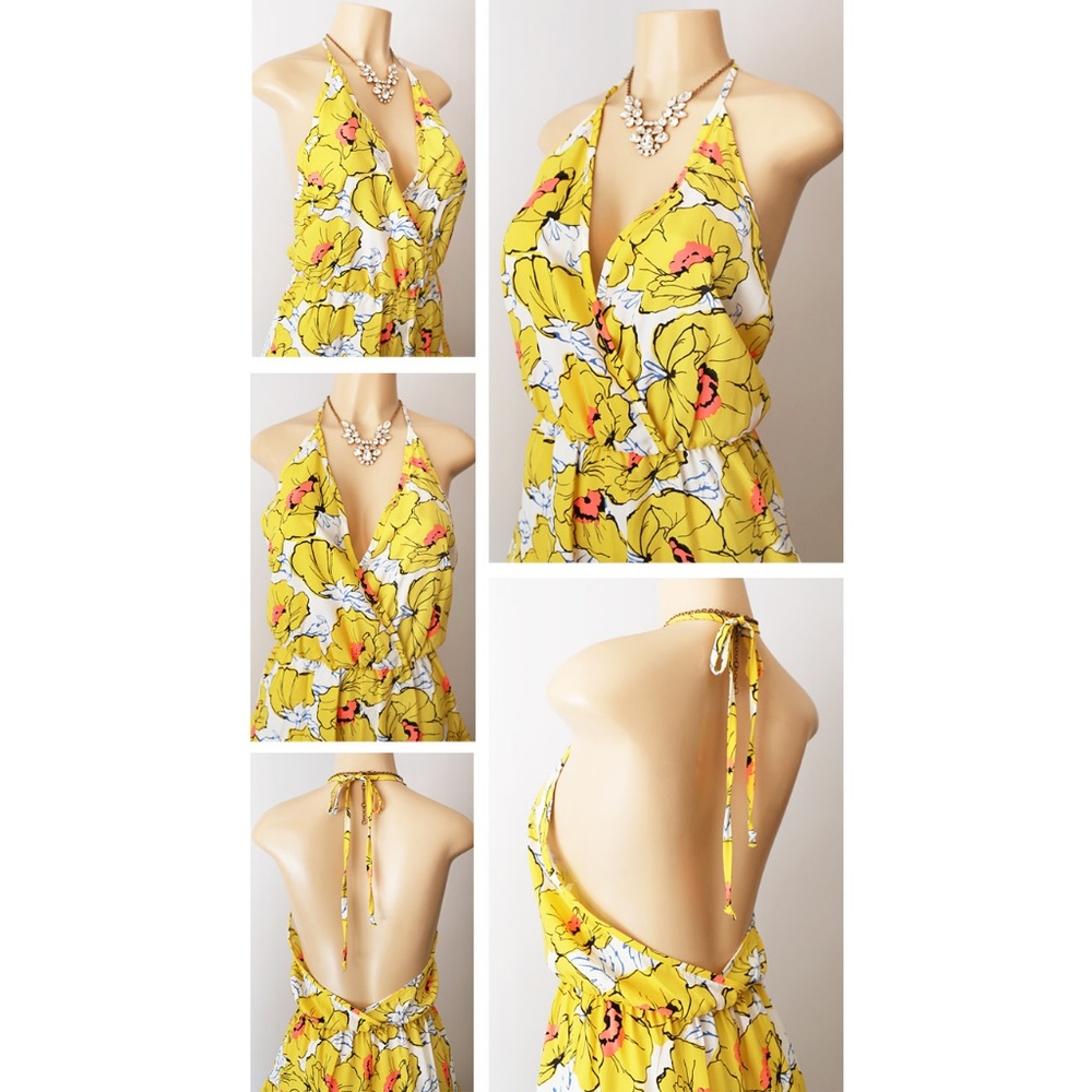 Yellow Tropical Floral Open Back Halter Romper - Picture 3 of 8